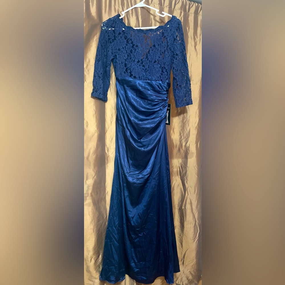 Long blue satin dress with lace top, never worn, tags still on